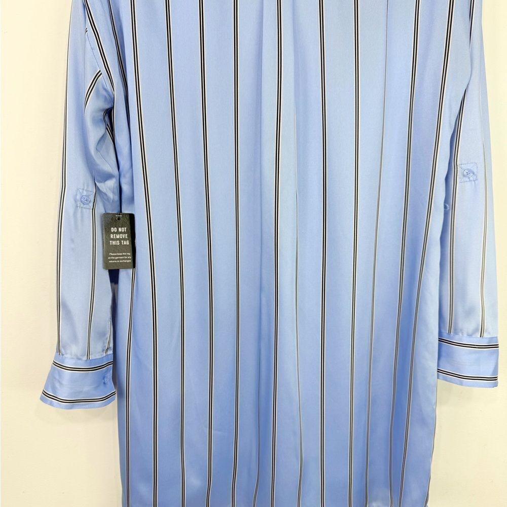 Express Light Blue Black Vertical Stripe Tab Sleeve Collared Shirt Dress NEW - Picture 11 of 15